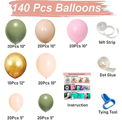 140Pcs Sage Green Peach Blush Pink Balloon Garland Arch Kit for