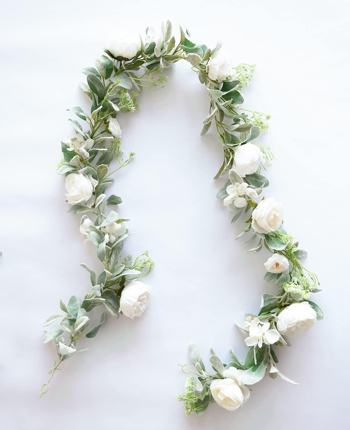 6.3ft Eucalyptus Garland with Flowers, Hydrangea, Peony, Gypsophila, Lambs Ear Greenery Roses Fake Vines for Wedding Table - If you say i do