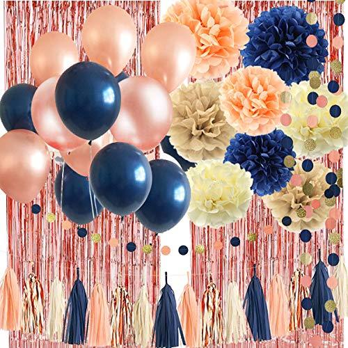 32 Pack Navy Blue Rose Gold Party Decoration Kit, Navy Rose Gold Balloons, Curtains, Paper Flowers, Tassel and Garland - If you say i do