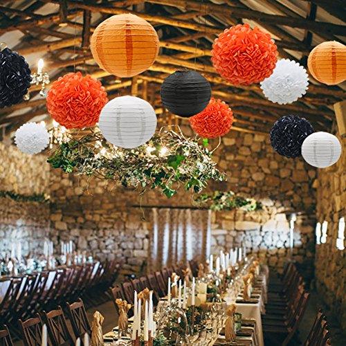 Hanging Party Decorations Set, 15pcs Orange Black White Paper Flowers Pom Poms Balls and Paper Lanterns