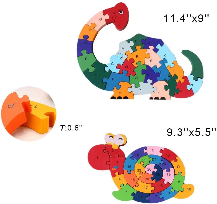 2Pcs Wooden Animal Puzzles, Alphabet Jigsaw Puzzle Building Blocks Alphabet Animal Puzzle for Children Toddlers-Snail & Dinosaur - If you say i do