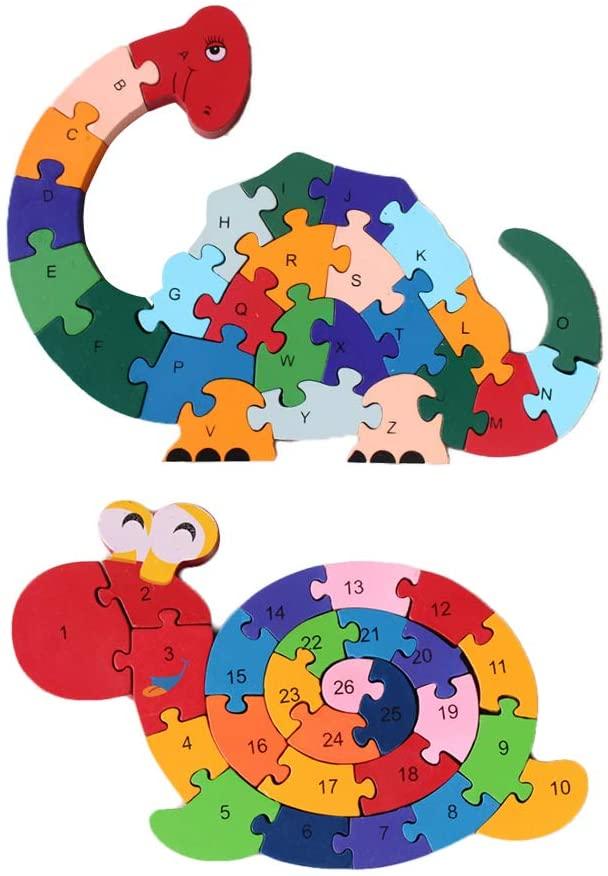 2Pcs Wooden Animal Puzzles, Alphabet Jigsaw Puzzle Building Blocks Alphabet Animal Puzzle for Children Toddlers-Snail & Dinosaur - If you say i do