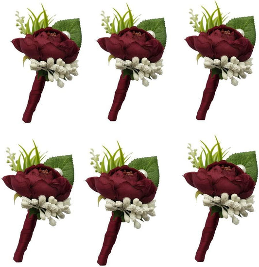 6 Pieces Burgundy Groom Boutonniere Man Buttonholes DIY Wedding Artificial False Flowers Party Decoration