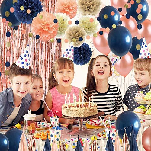 32 Pack Navy Blue Rose Gold Party Decoration Kit, Navy Rose Gold Balloons, Curtains, Paper Flowers, Tassel and Garland - If you say i do