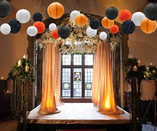 KAXIXI Hanging Party Decorations Set, 15pcs Orange Black White Paper Flowers Pom Poms Balls and Paper Lanterns for Wedding Birthday Bridal Baby Shower