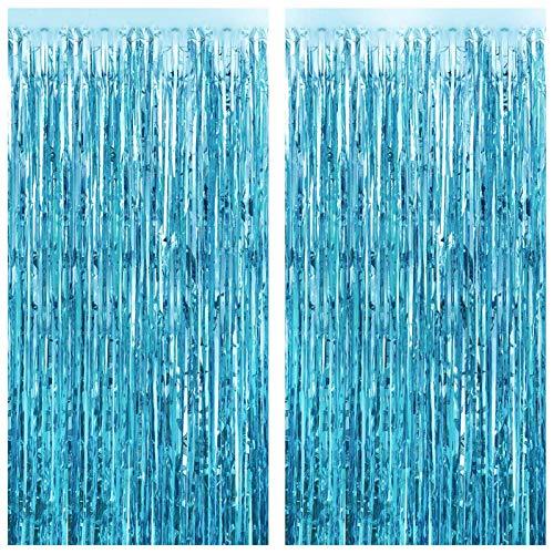 2pcs 3ft x 8.3ft Light Blue Metallic Tinsel Foil Fringe Curtains Photo Booth Props for Birthday Wedding Engagement Party Decorations - If you say i do