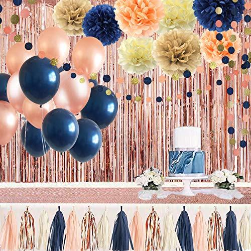 32 Pack Navy Blue Rose Gold Party Decoration Kit, Navy Rose Gold Balloons, Curtains, Paper Flowers, Tassel and Garland - If you say i do