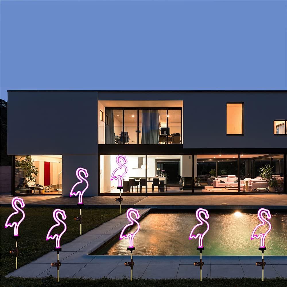 2pcs Neon Pink Flamingo Lighting Solar Garden Stake Lights, Outdoor Solar Pathway Light for Lawn - If you say i do