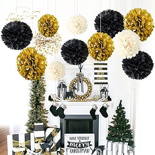 12 PCS Black Gold White Tissue Paper Pom Poms for Wedding, Birthday, New Years Eve Party 2022, Graduation Décor - If you say i do