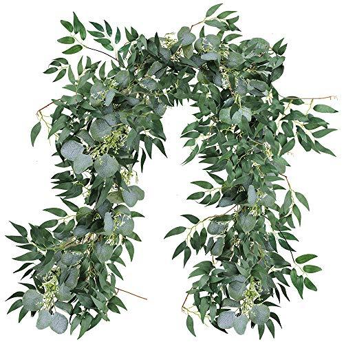 2 Pcs Fake Greenery Garlands Artificial Silver Dollar Eucalyptus Garland in Grey Green and Willow Twigs Garland for Rustic Wedding Arch and Decoration - If you say i do