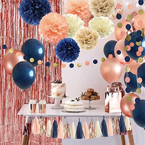 32 Pack Navy Blue Rose Gold Party Decoration Kit, Navy Rose Gold Balloons, Curtains, Paper Flowers, Tassel and Garland - If you say i do