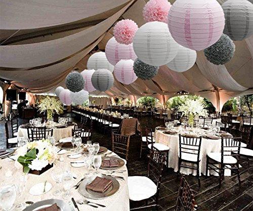 Hanging Party Decorations Set, 15pcs Pink Gray White Paper Flowers Pom Poms Balls and Paper Lanterns - If you say i do