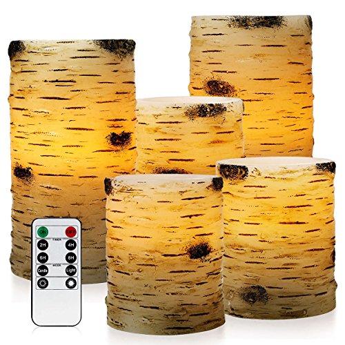 Set of 5 Pillar Birch Bark Effect Flameless LED Candles with 10-Key Remote Control - If you say i do