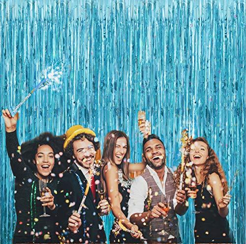 2pcs 3ft x 8.3ft Light Blue Metallic Tinsel Foil Fringe Curtains Photo Booth Props for Birthday Wedding Engagement Party Decorations - If you say i do