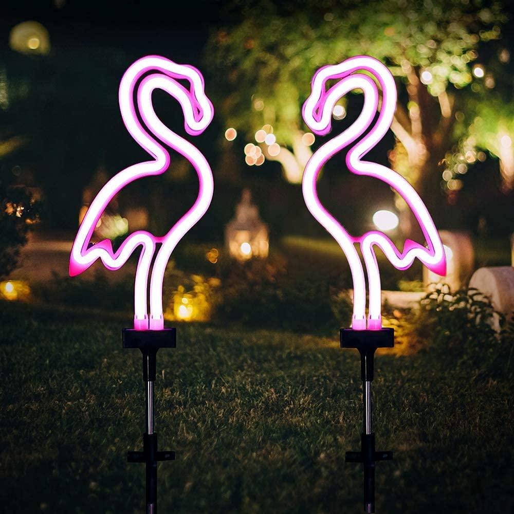 2pcs Neon Pink Flamingo Lighting Solar Garden Stake Lights, Outdoor Solar Pathway Light for Lawn - If you say i do
