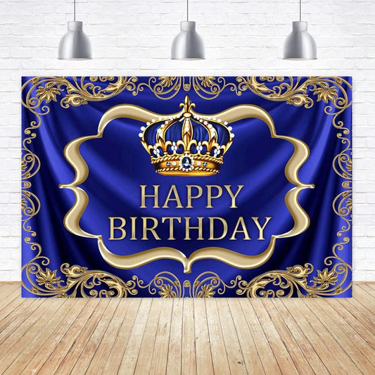Royal Blue and Gold Happy Birthday Backdrop Little Baby Boy Prince King Crown Photography Background - If you say i do