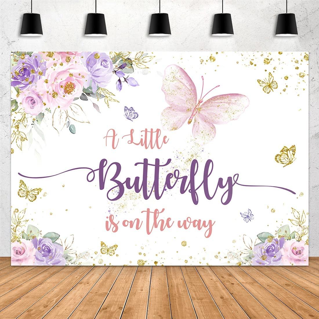 Butterfly Baby Shower Backdrop Purple and Pink Floral Gold Spots Flowers Photography Background - If you say i do