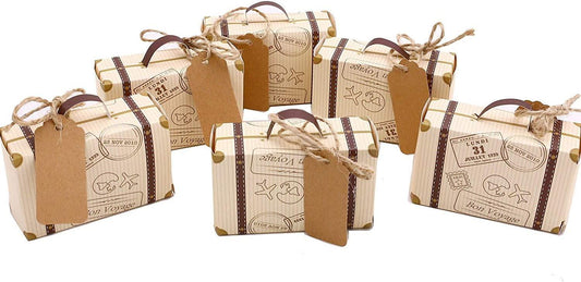 50pcs Mini Suitcase Favor Boxes, Party Favor Candy Box, Vintage Kraft Paper with Tags and Burlap Twine for Wedding - If you say i do