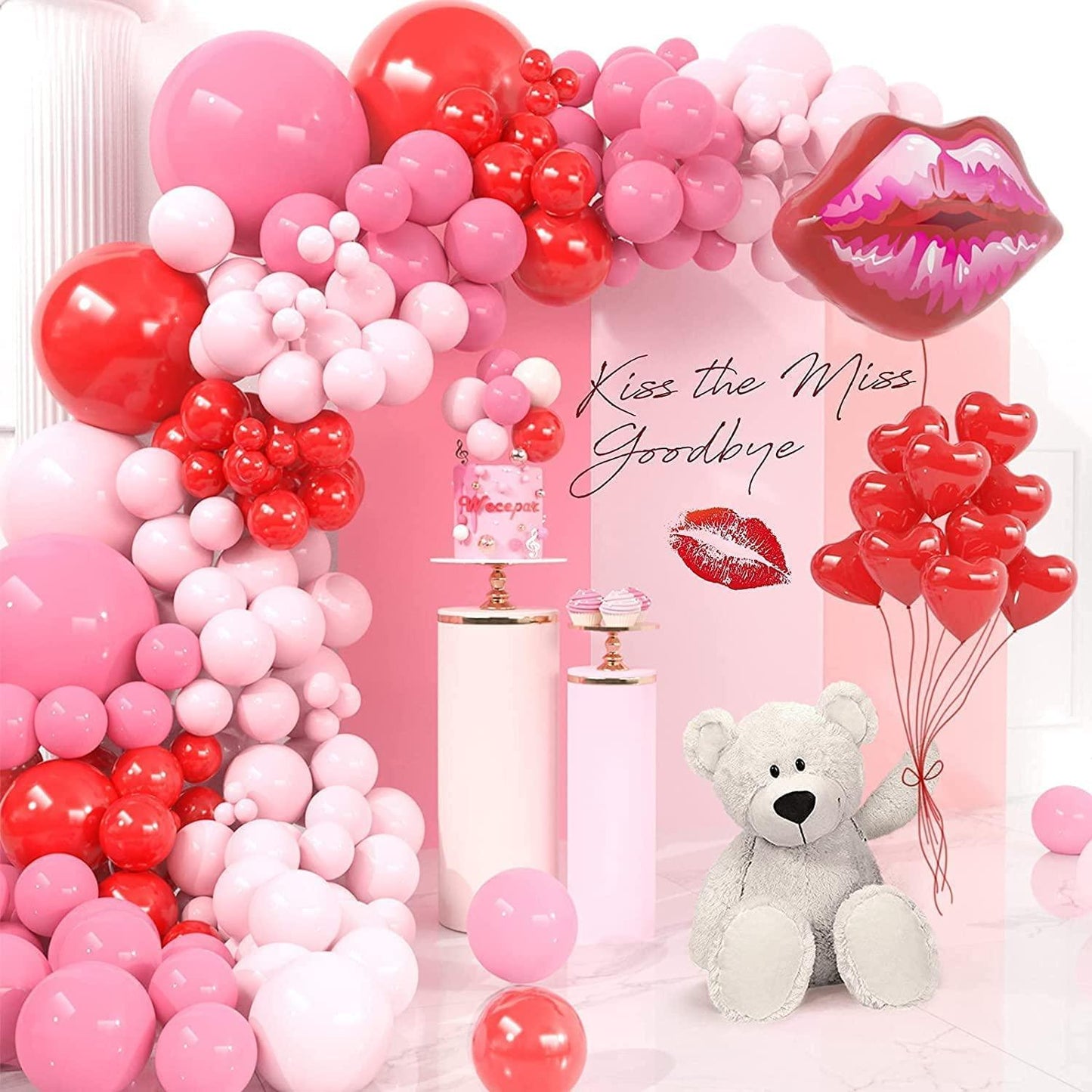 Pink Red Balloon Garland Arch Kit Macaron Pink Retro Pink Red Balloons and Heart Lip Balloons - If you say i do