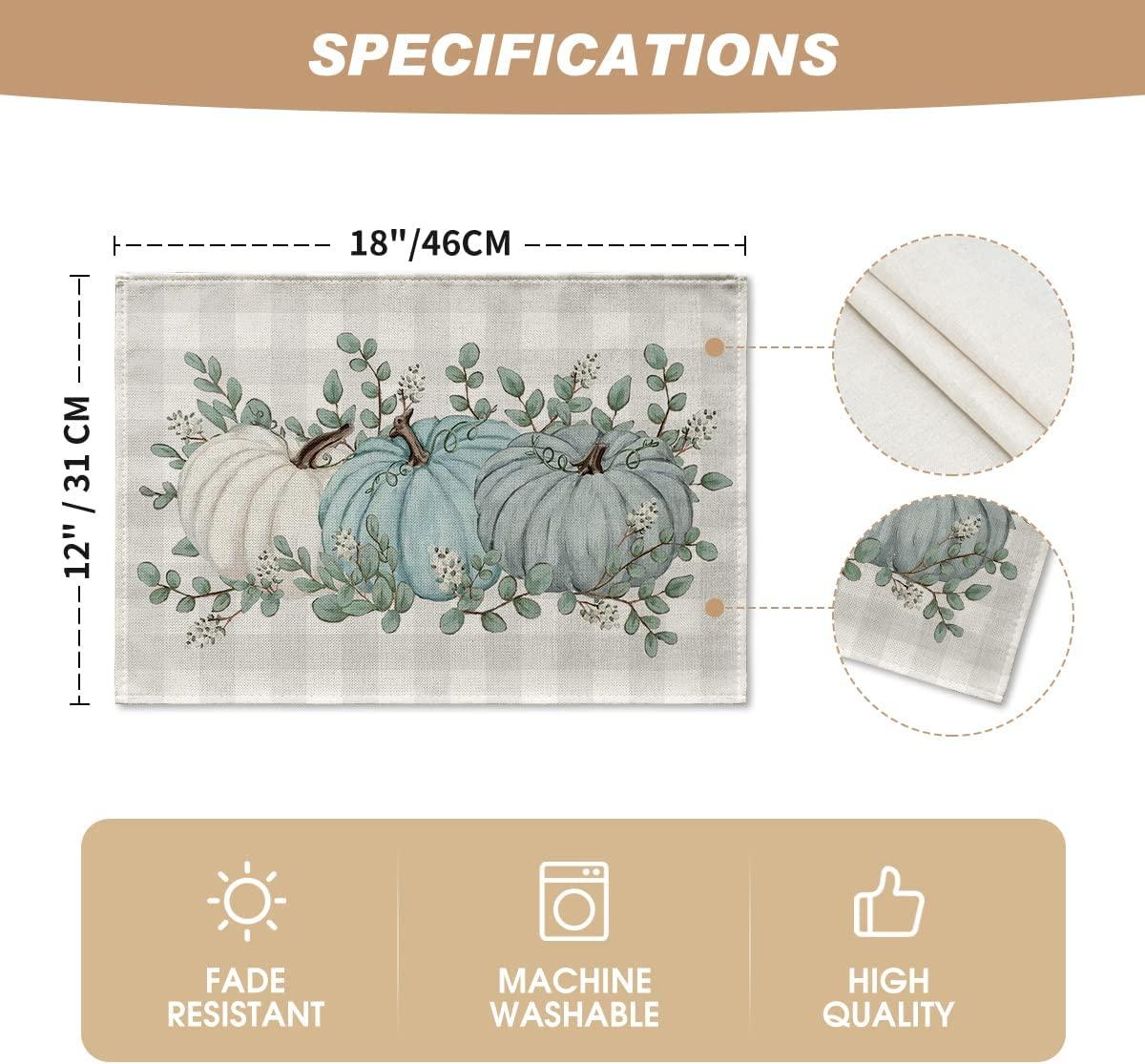 Pumpkins Eucalyptus Leaves Placemats Set of 4, 12x18 Inch Fall Autumn Thanksgiving Harvest Vintage Table Mat - If you say i do