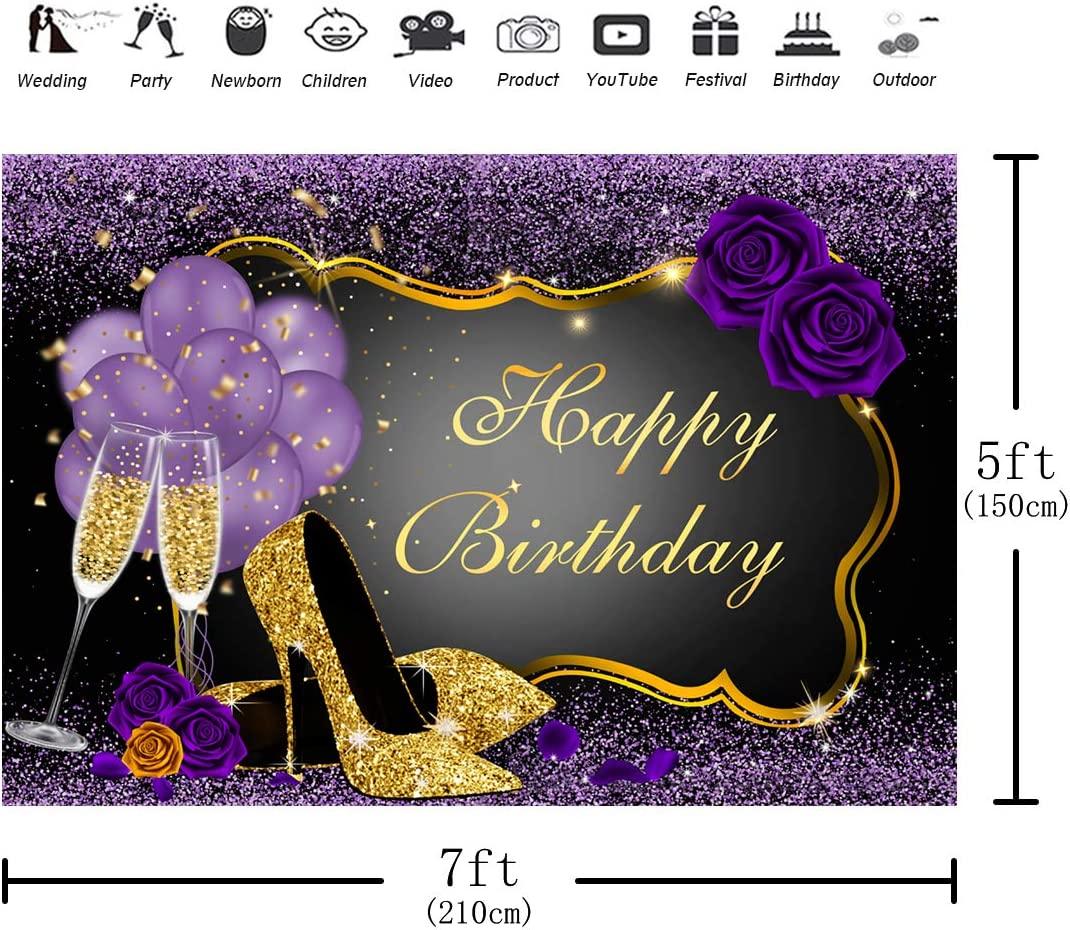 Sweet Purple Happy Birthday Backdrop Rose Shiny Sequin High Heels Champagne Golden Frame Glasses Photography Background - If you say i do