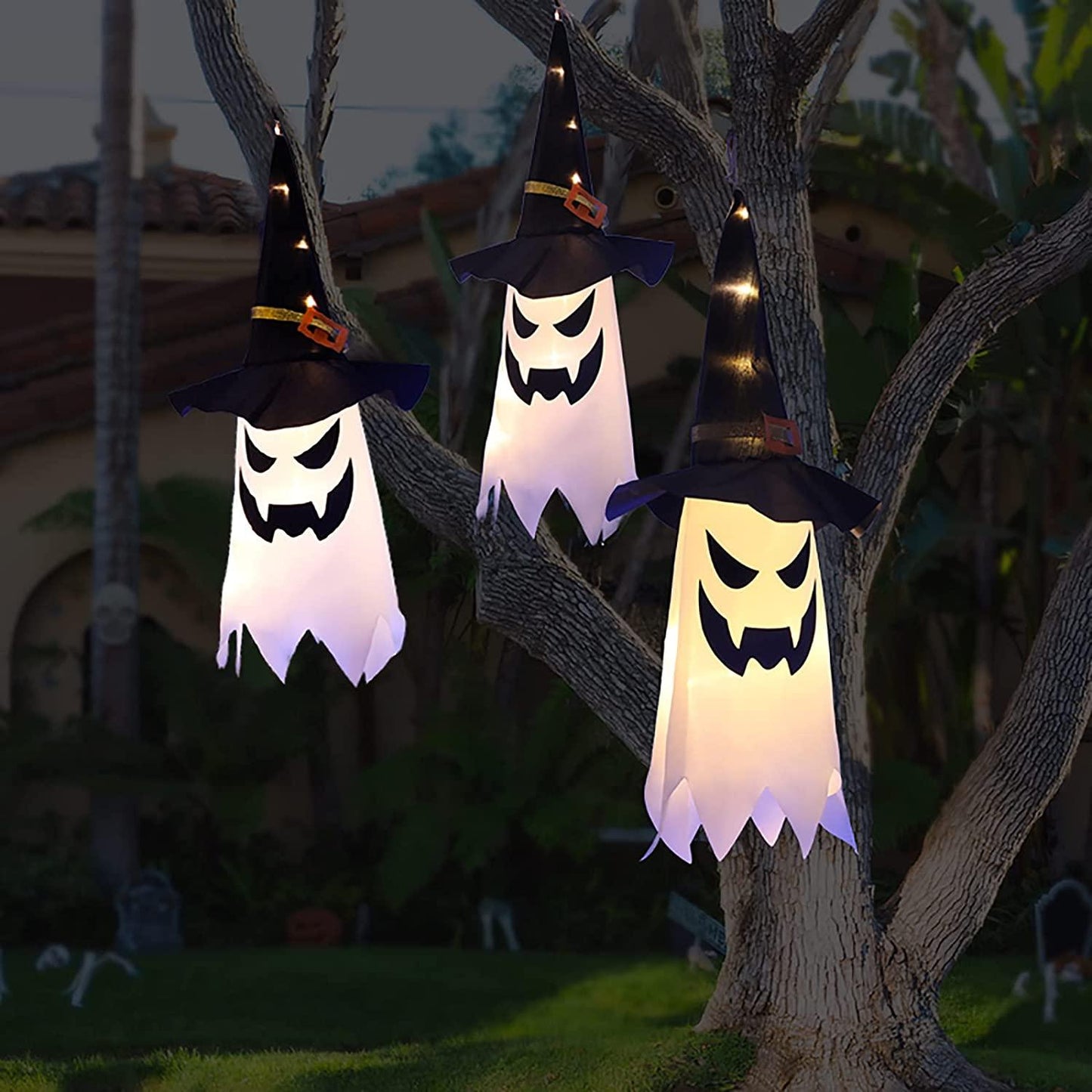 3pcs Halloween Decorations Outdoor Decor Hanging Lighted Glowing Ghost Witch Hats - If you say i do