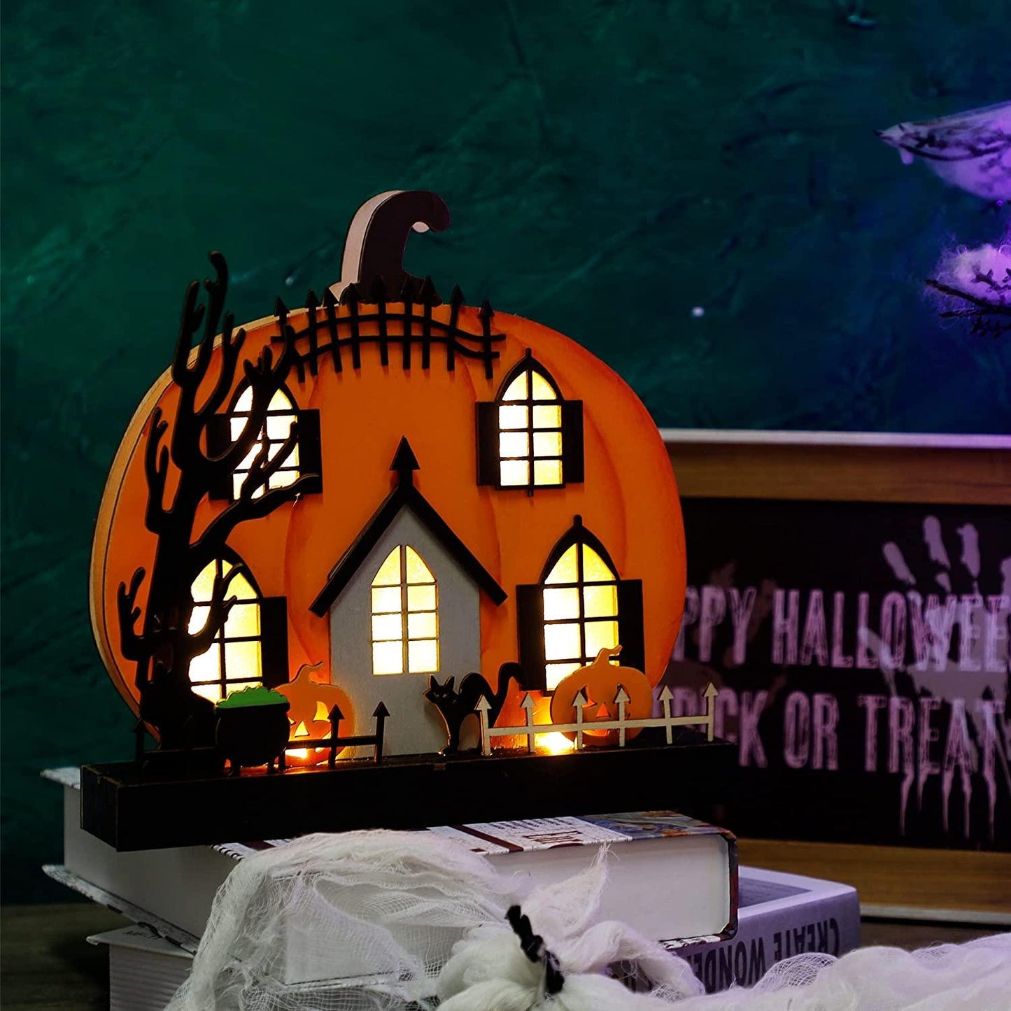 Home Halloween Tabletop Decoration, Wooden Lighted Pumpkin House Decoration - If you say i do