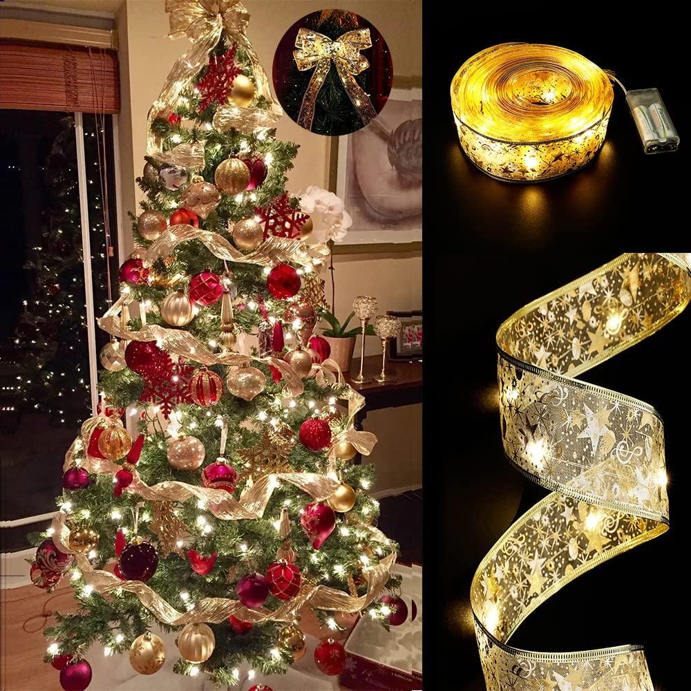 Christmas Ribbon Lights 32ft (2X16ft) 100 LED Lights Battery Powered Copper Wire Ribbon Bows String Lights - If you say i do