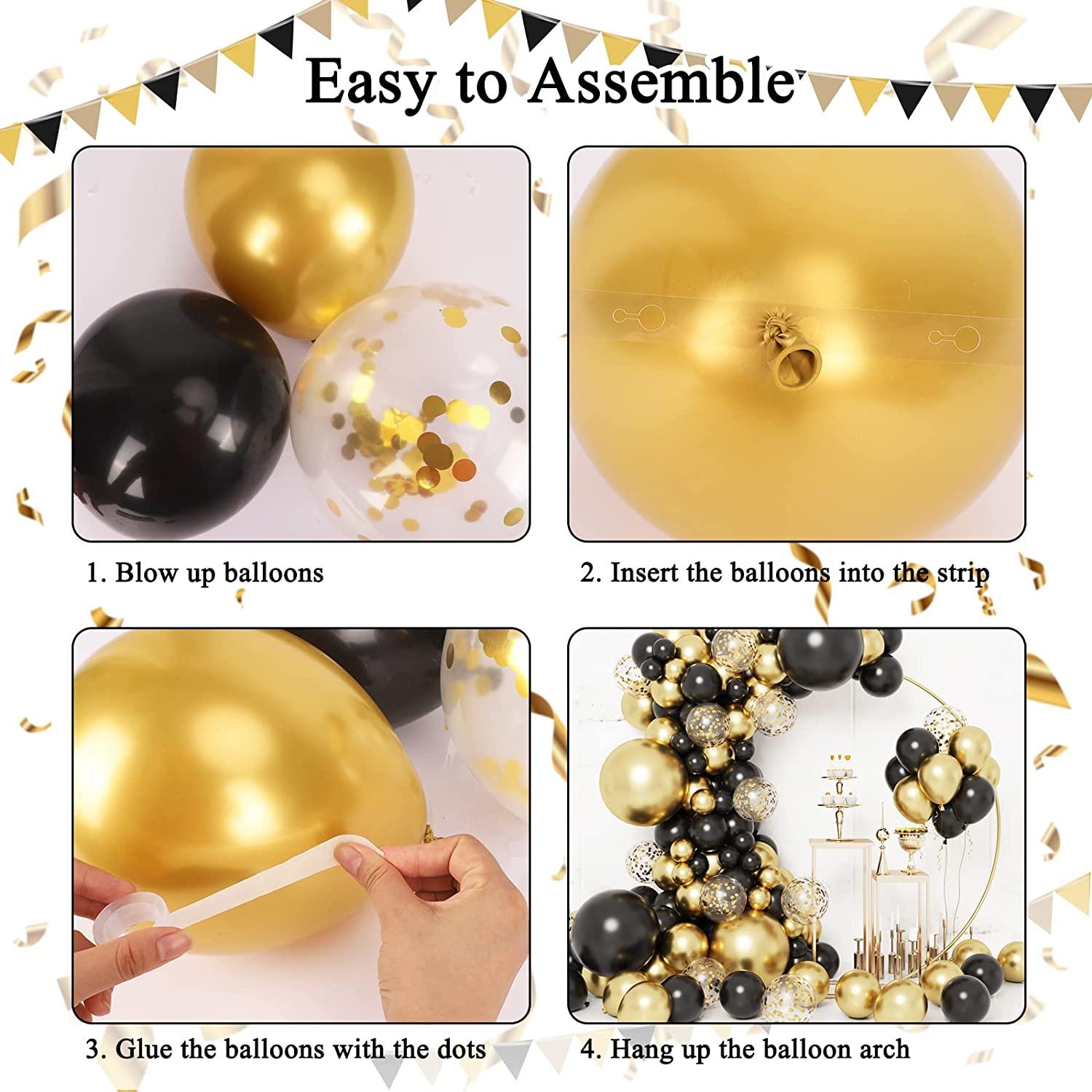 4 Sizes - Black White Gold Balloon Garland Kit & Arch for New Years, Graduation or Birthday - Small and Large Black and White Balloons with Gold
