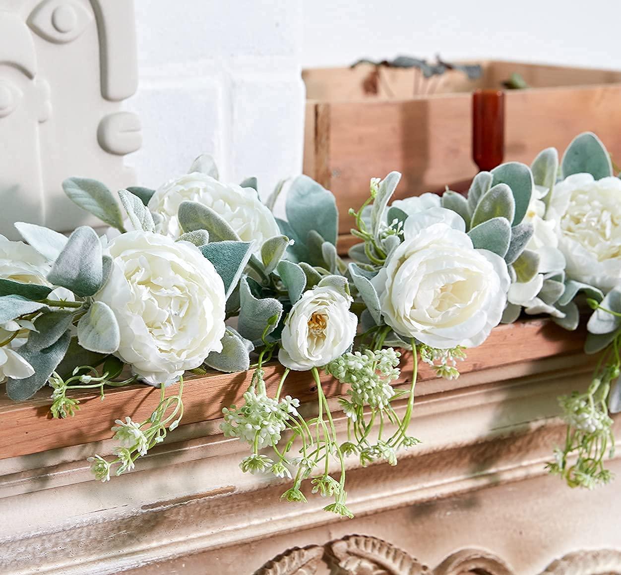 6.3ft Eucalyptus Garland with Flowers, Hydrangea, Peony, Gypsophila, Lambs Ear Greenery Roses Fake Vines for Wedding Table - If you say i do