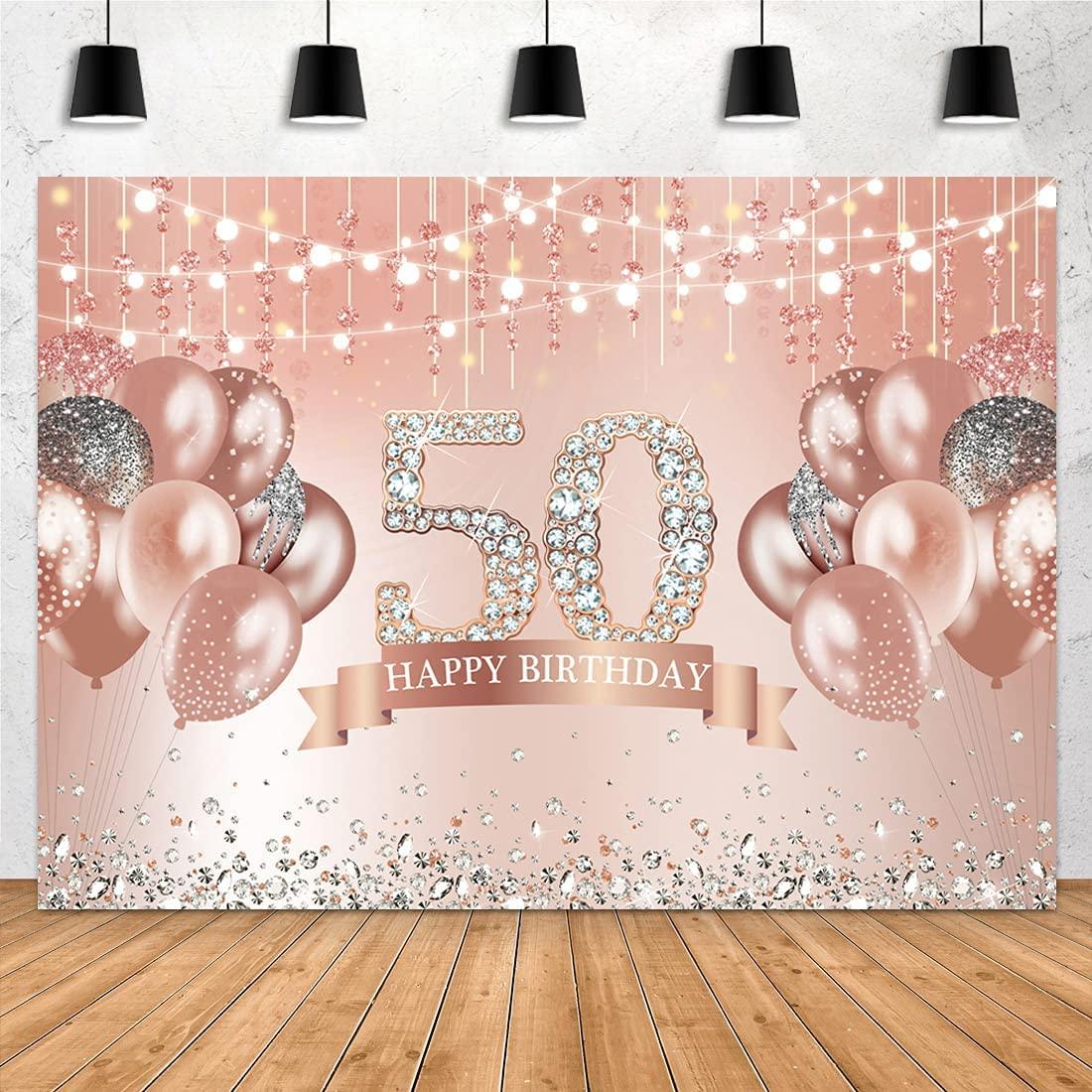 Happy 50th Birthday Backdrop Glitter Rose Gold Balloons Shining Diamonds Photography Background - If you say i do