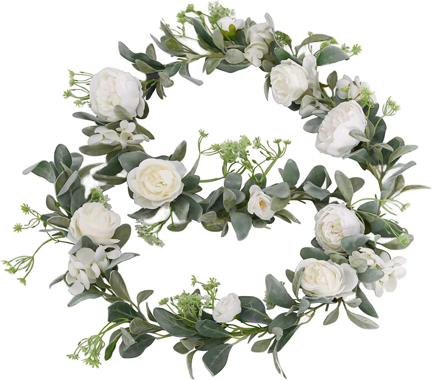 6.3ft Eucalyptus Garland with Flowers, Hydrangea, Peony, Gypsophila, Lambs Ear Greenery Roses Fake Vines for Wedding Table - If you say i do