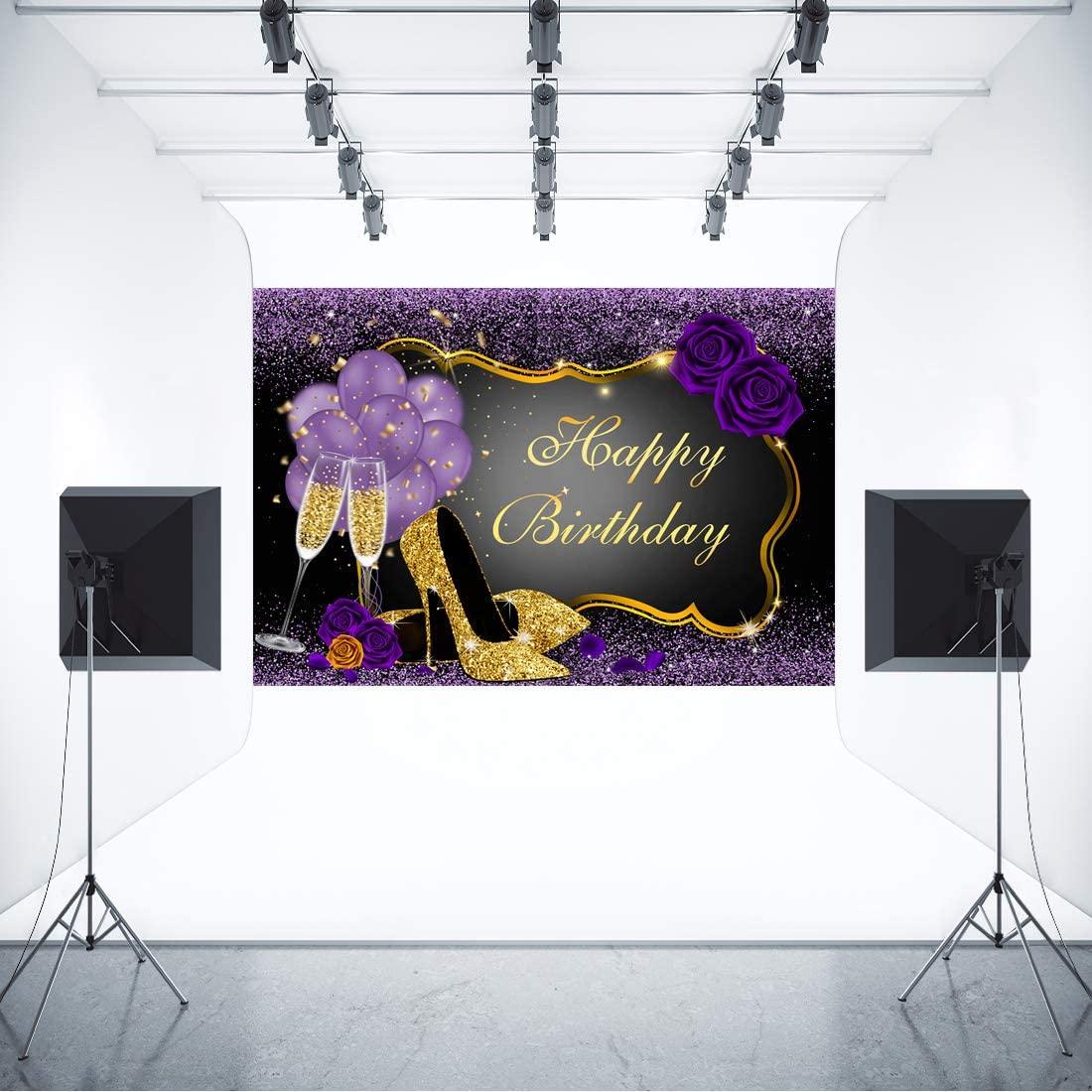 Sweet Purple Happy Birthday Backdrop Rose Shiny Sequin High Heels Champagne Golden Frame Glasses Photography Background - If you say i do