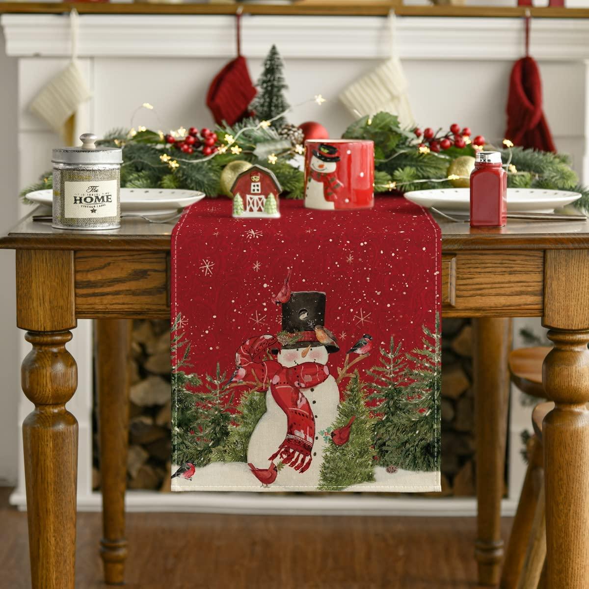 Snowman Christmas Birds Trees Table Runner, Winter Xmas Holiday Kitchen Dining Table Decoration - If you say i do