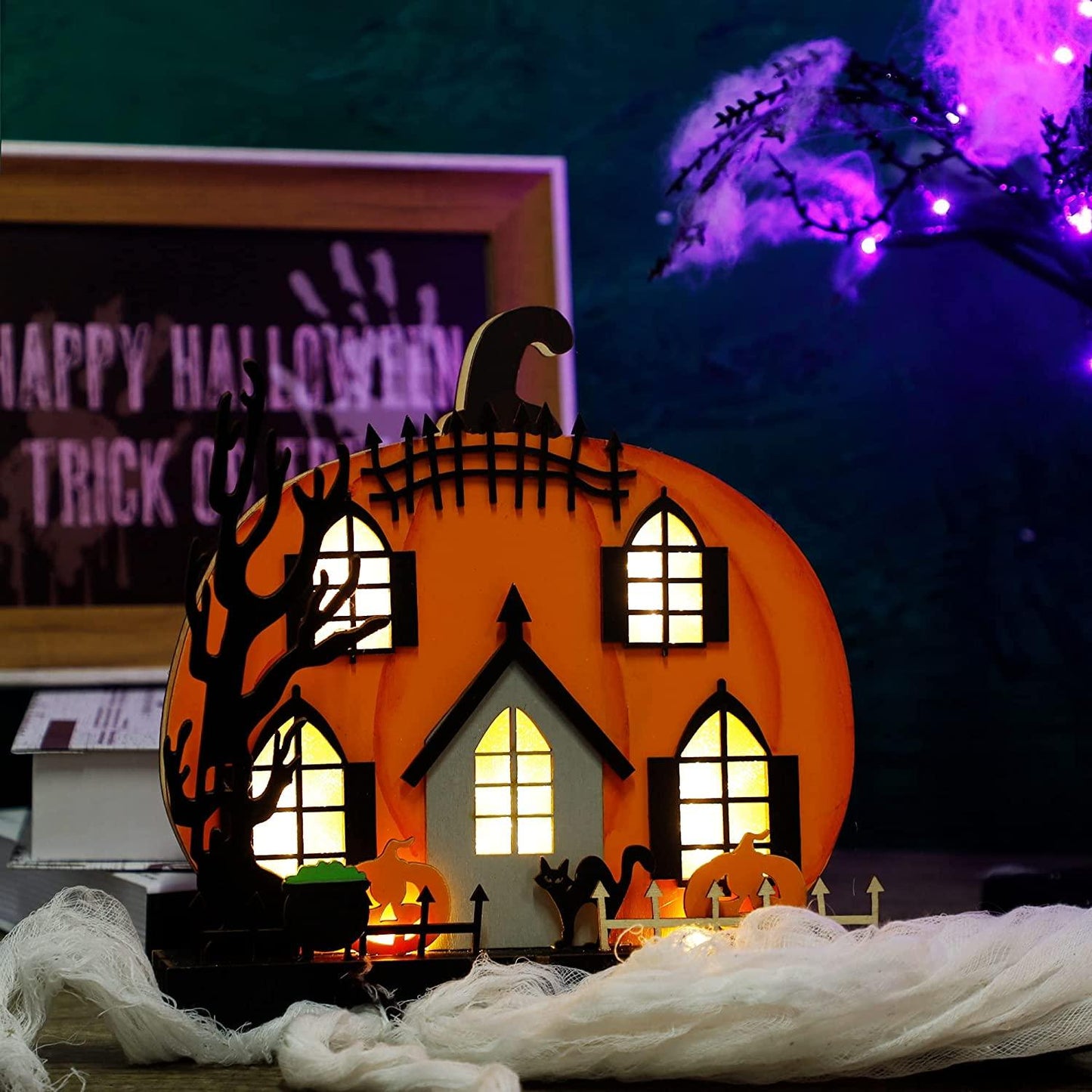 Home Halloween Tabletop Decoration, Wooden Lighted Pumpkin House Decoration - If you say i do