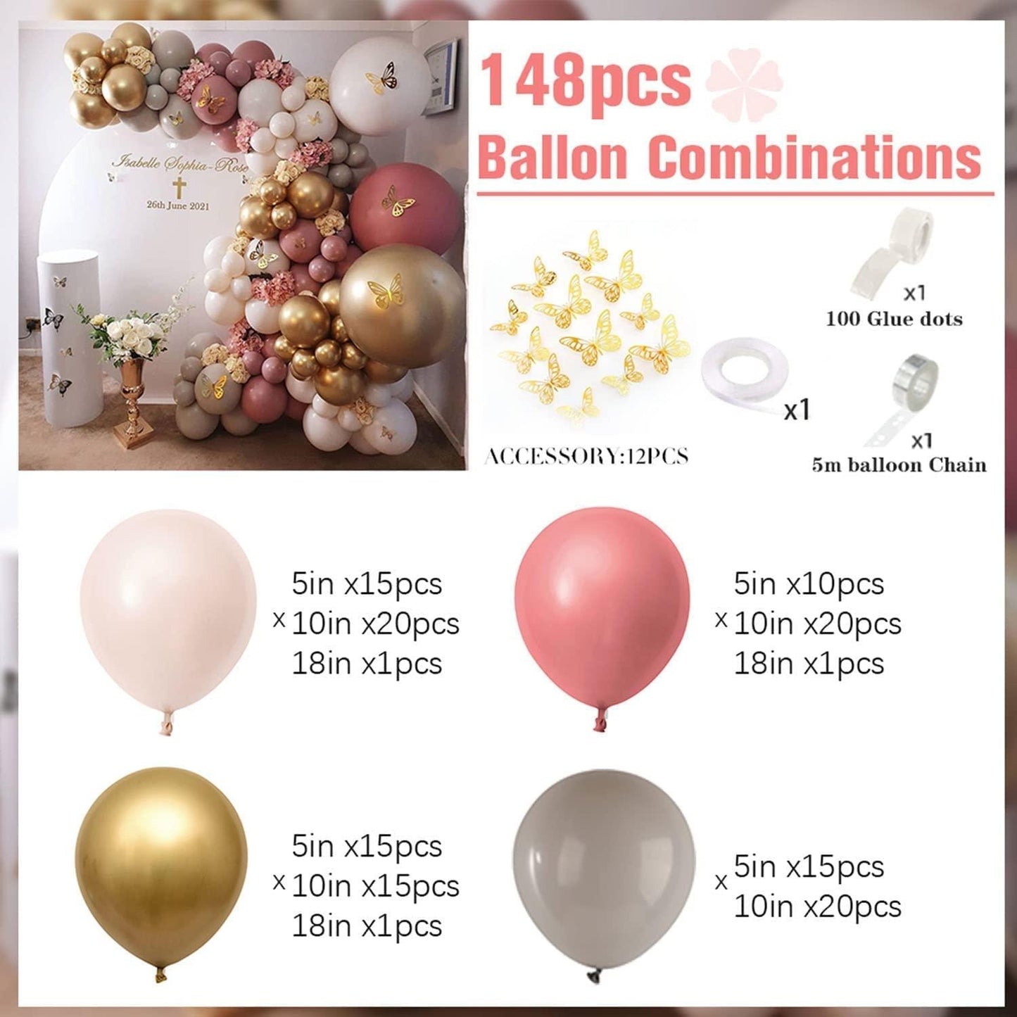 148PCS Rose and Pink Balloon Garland Arch Kit, Gold Chrome balloons Latex Balloons Rose Gold Butterfly Stickers Wall Decor - If you say i do