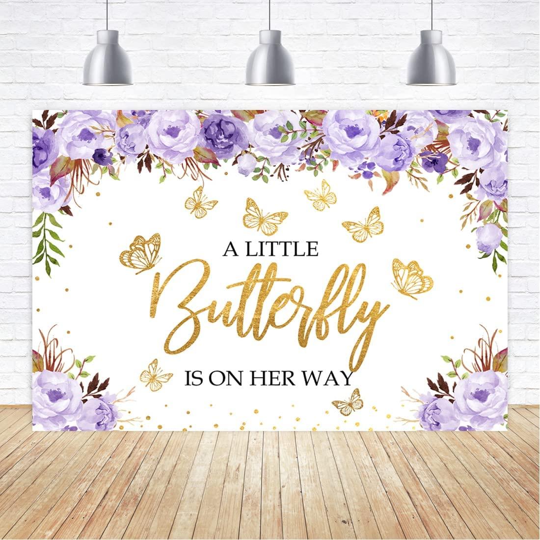 A Little Butterfly is On The Way Baby Shower Backdrop Purple Floral Gold Dots Girls Princess Photography Background - If you say i do