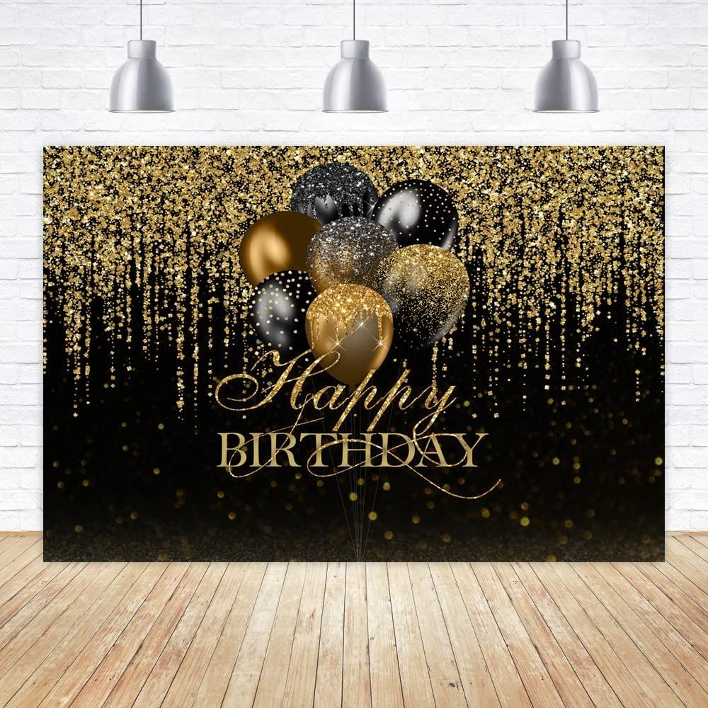 Happy Birthday Backdrop Glitter Black and Gold Bokeh Balloons Golden S ...