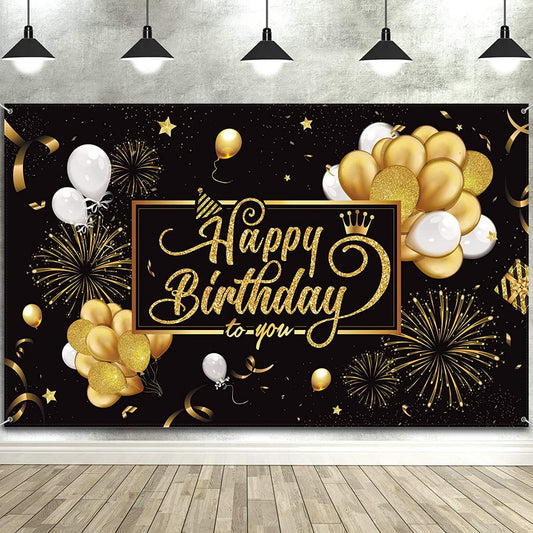 Happy Birthday Backdrop Banner Black and Gold Sign Poster Large Fabric - If you say i do