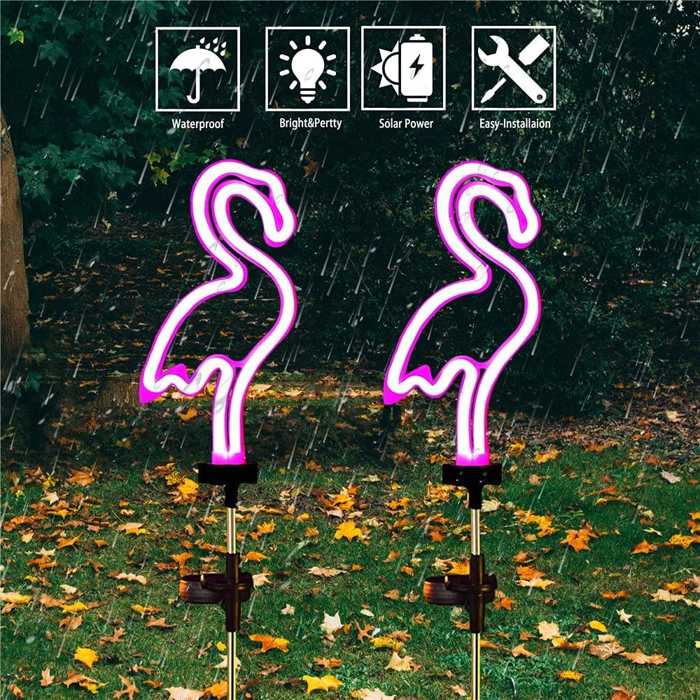 2pcs Neon Pink Flamingo Lighting Solar Garden Stake Lights, Outdoor Solar Pathway Light for Lawn - If you say i do