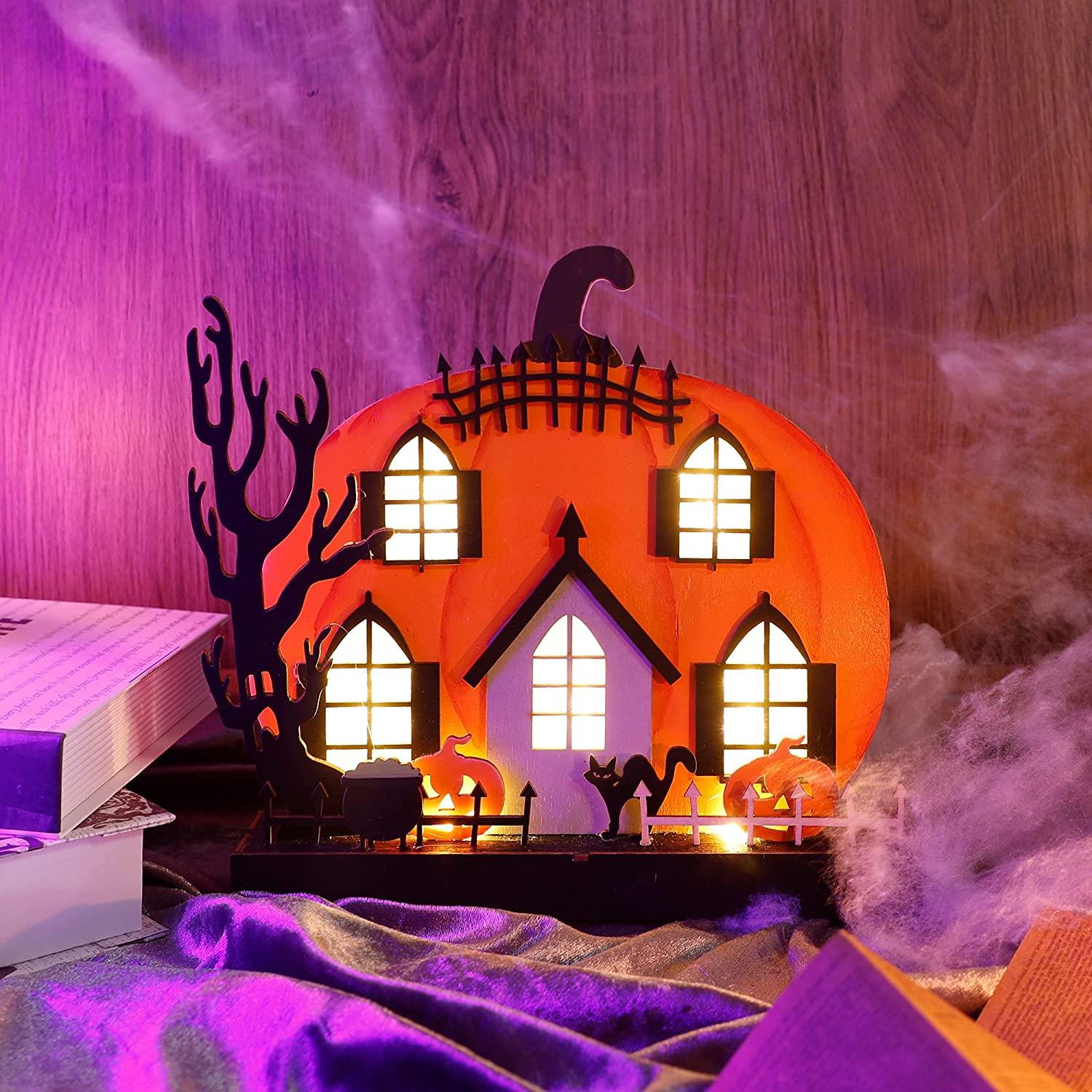 Home Halloween Tabletop Decoration, Wooden Lighted Pumpkin House Decoration - If you say i do