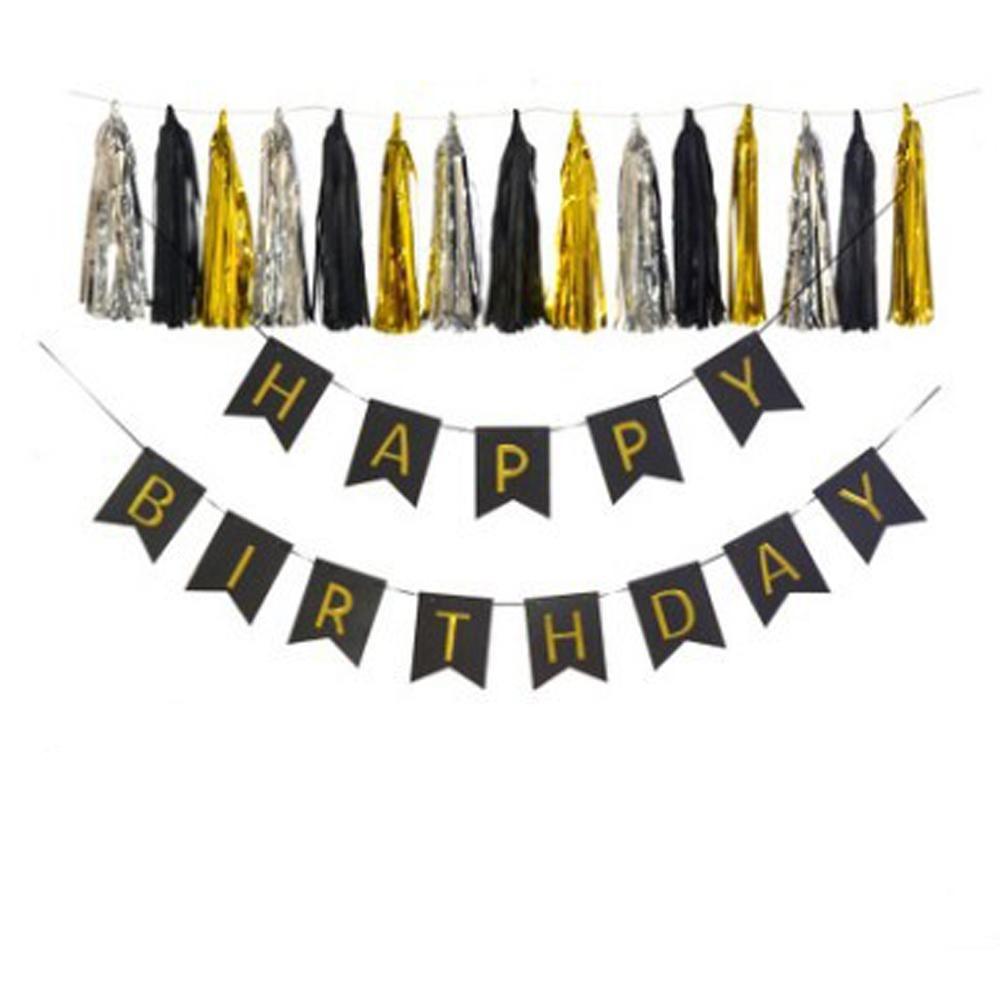 Birthday Decorations for Women Girls, Gold Black Party Decorations Set with  Happy Birthday Banner(Pre-Strung), Foil Confetti Balloons,Tassel Garland