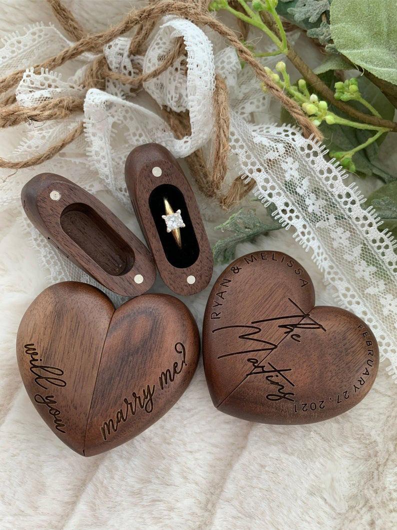 Custom Engraved Wood Heart Ring Box, Wooden Wedding Engagement Ring Box Personalized Proposal Walnut - If you say i do