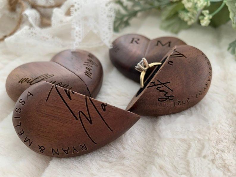 Custom Engraved Wood Heart Ring Box, Wooden Wedding Engagement Ring Box Personalized Proposal Walnut - If you say i do
