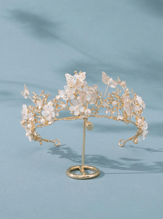 Faux Pearl & Flower Decor Crown Design Bridal Headband - If you say i do