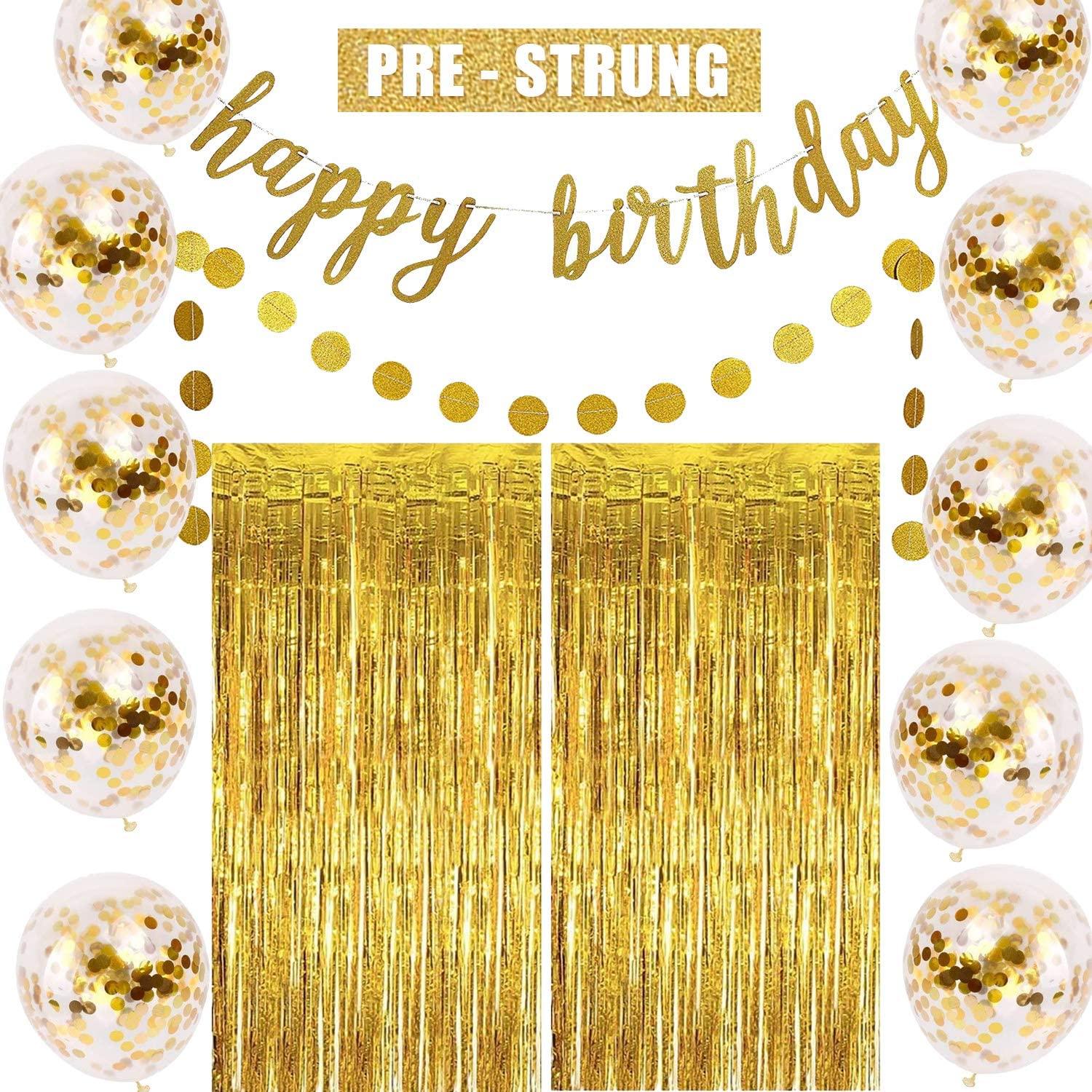 Gold Birthday Party Decorations Set - Gold Glitter Happy Birthday Banner, Circle Dots Garland, Gold Confetti Balloons - If you say i do