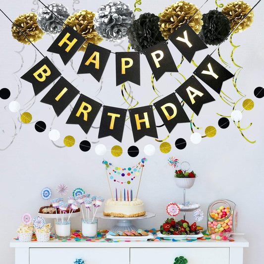 Happy Birthday Banner Kit - Happy Birthday Decorations - 1 Bday Banner, 9 Swirls, 8 Pom Poms Flowers, 1 Dots Garland - Birthday Party Decorations - If you say i do