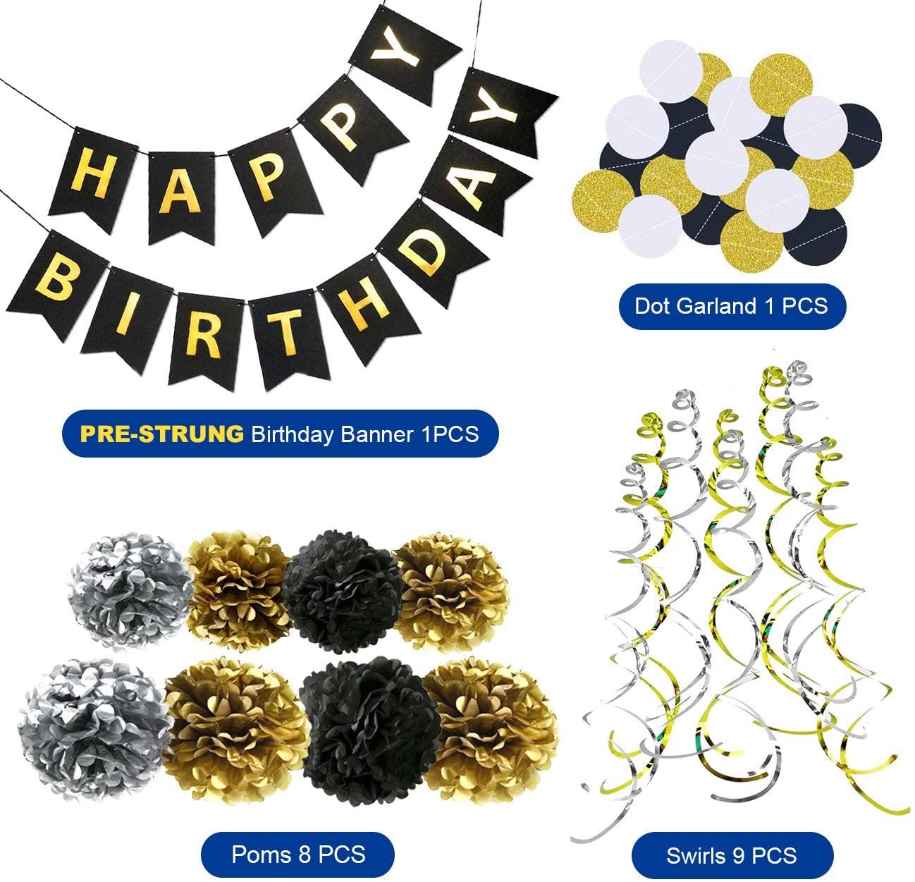 Happy Birthday Banner Kit - Happy Birthday Decorations - 1 Bday Banner, 9 Swirls, 8 Pom Poms Flowers, 1 Dots Garland - Birthday Party Decorations - If you say i do