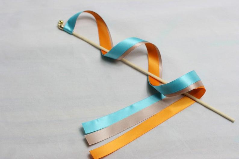 Misty Turquoise Wedding Wands with Triple Ribbon and Bell, Wand Streamers, Ribbon Sticks - If you say i do