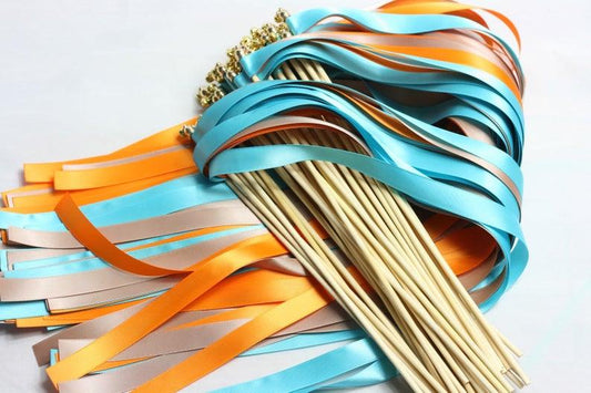 Misty Turquoise Wedding Wands with Triple Ribbon and Bell, Wand Streamers, Ribbon Sticks - If you say i do